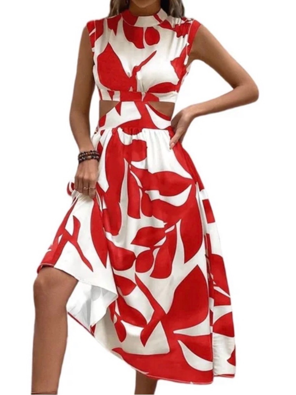 Super Cute Red & White Cutout Waist Midi Dress Connected Waistline Flat 12”